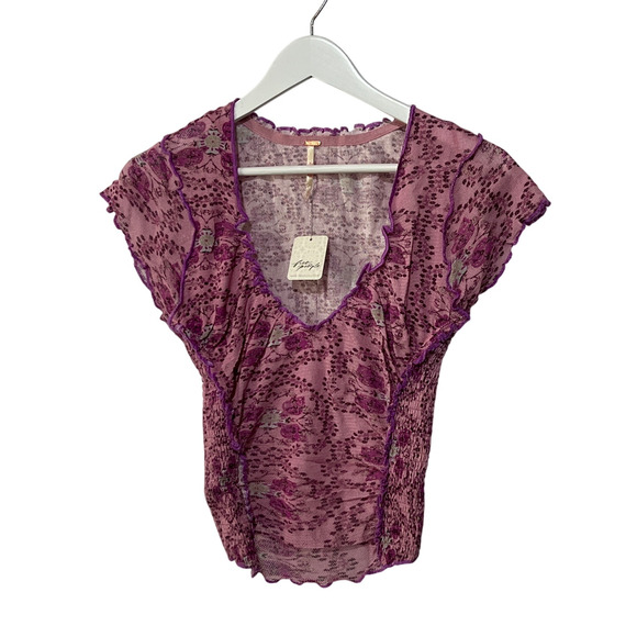 FREE PEOPLE TOP WOMENS MEDIUM OH MY BABY COTTON STRETCH TEE LILAC PINK BOHO - Picture 4 of 13